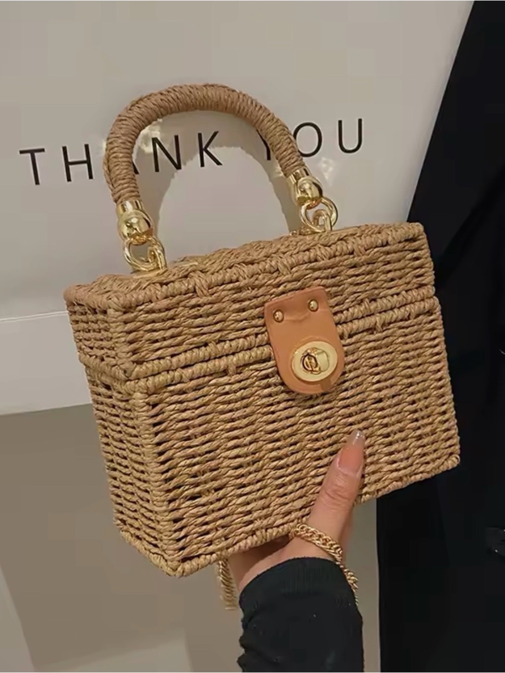 Woven Straw Box Bag with Tan Leather Trim and Gold Hardware